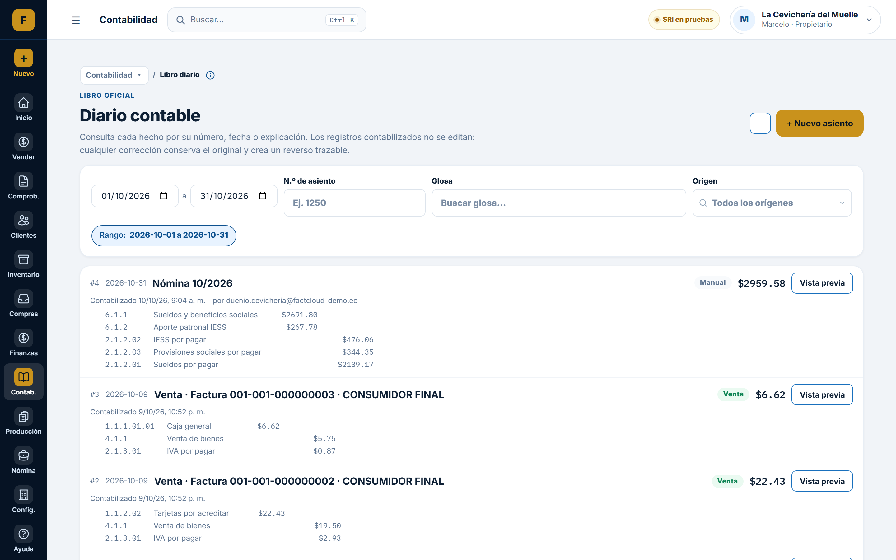 Libro diario de FactCloud con asientos generados desde ventas y compras