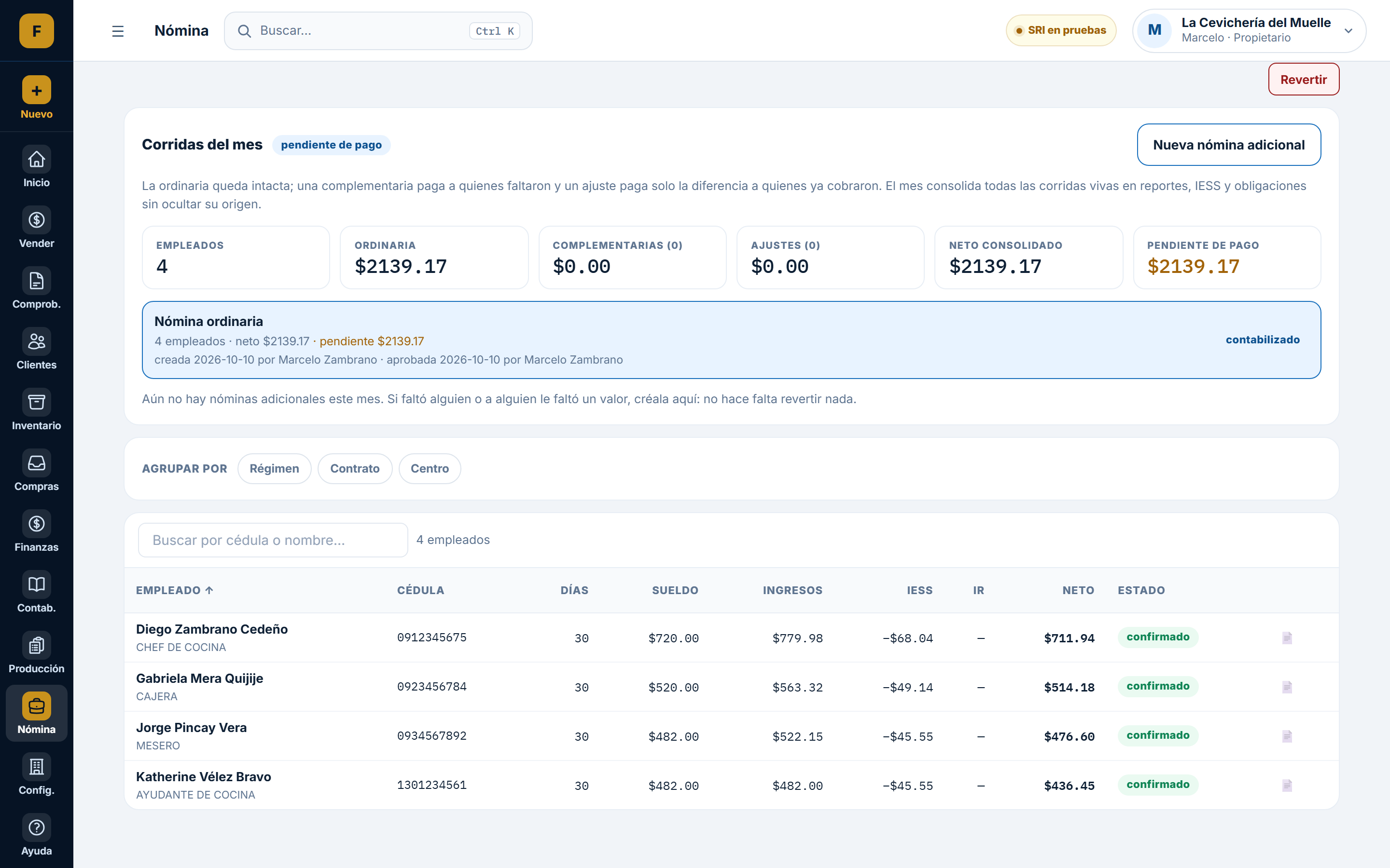 Rol de pagos de FactCloud con ingresos, aportes al IESS y neto a pagar por empleado