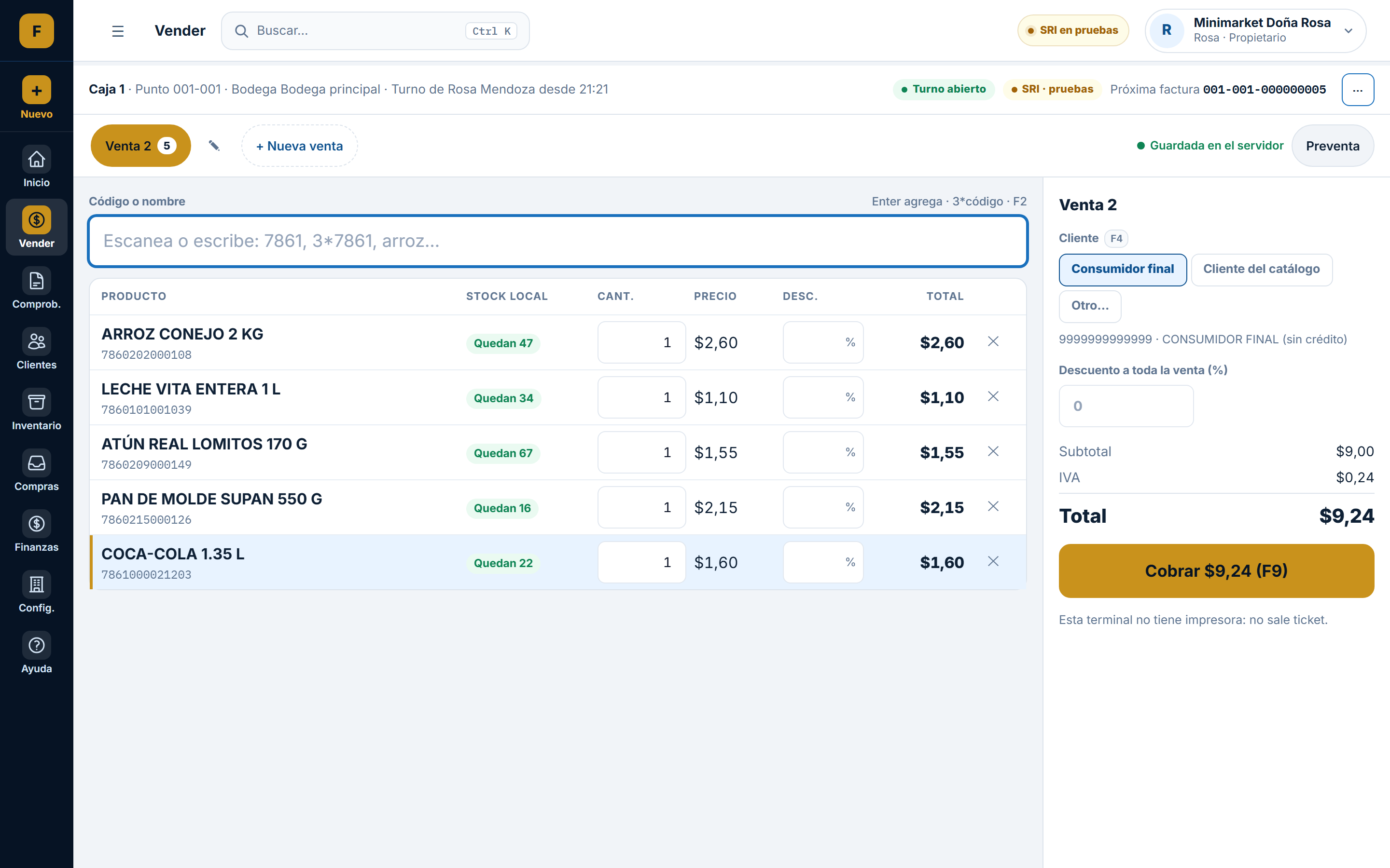Punto de venta de mostrador de FactCloud con productos escaneados y total a cobrar